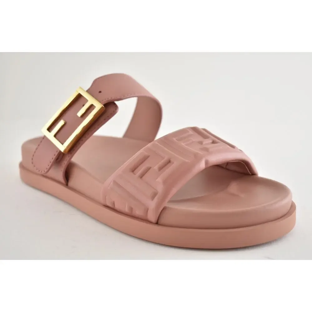 Fendi Feel Slide Pink Brick Leather FF Baguette Logo Gold Mule Flat Sandal 37